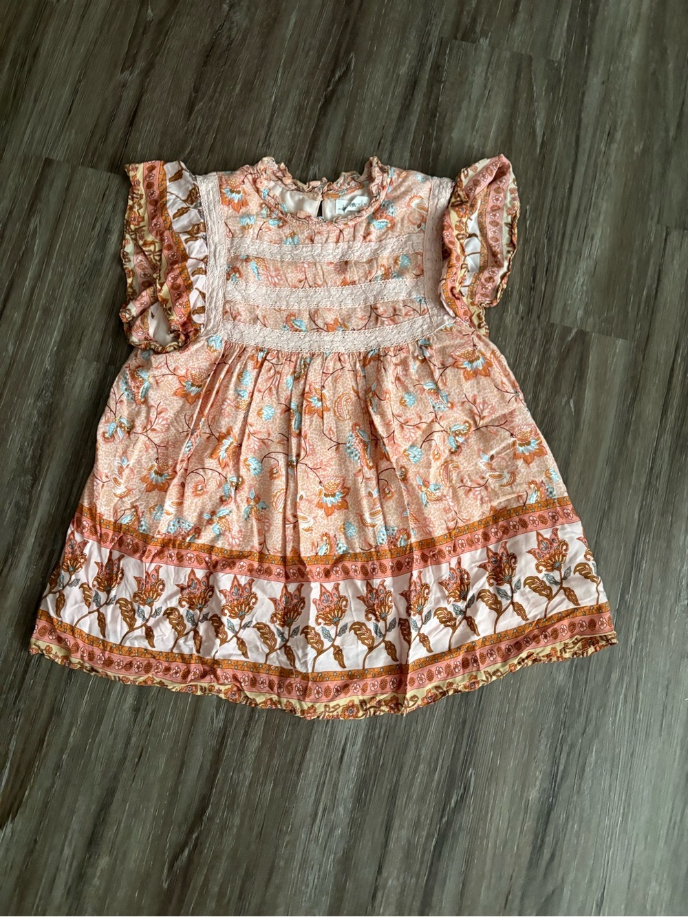 In Loom Flutter Sleeve Peach Floral Ruffle Sleeve Girls Top